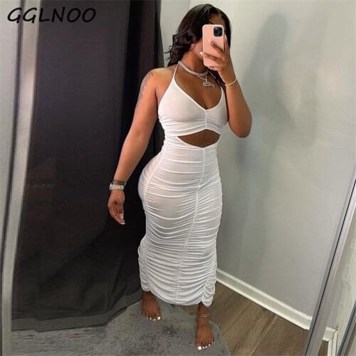 GGLNOO Sexy White Bodycon Dresses for Women 2021 Party Night Club Outfits Cut Out Ruched Halter Backless Long Dress