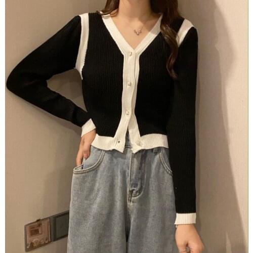 Woman Sweaters Cardigan Knitted Cardigan Women Coat Winter V-neck Color Contrast Patchwork Cropped Top Sueters De Mujer