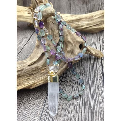 YA2974 Natural Quartz Pendant Fluorites Stone Nuggets Beads Knot Handmade Necklace