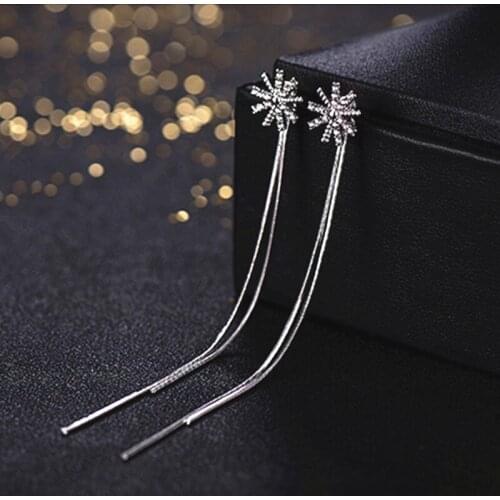 Crystal Rhinestone Long Tassel Earrings New Fashion Silver Plated Snowflake Dangle Hanging For Women Girl Jewelry Brincos Bijoux