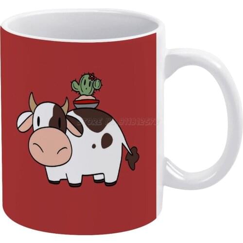 Cow And Flower Cactus White Mug Vintage Mug New Unisex Size Mug Cow Cows Farm Animals Animal Animals Bovine Hoofed Mammals Cactu