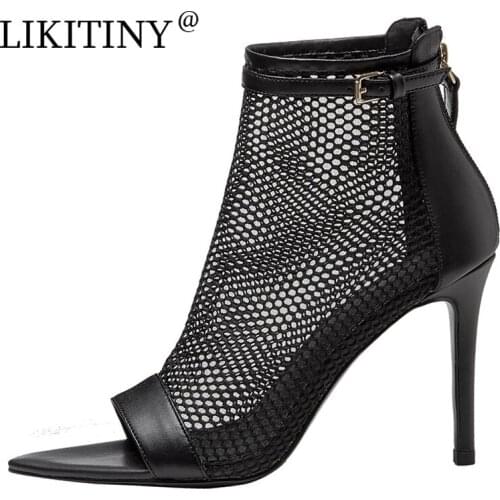 LIKITINY 2021 Summer high heels White mesh boots Sandals Stilettos heels Peep toe Back zipper Party shoes Womens shoes 33 40