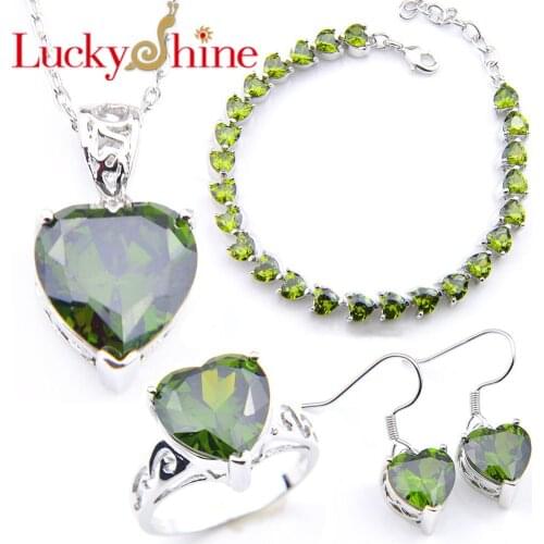 Luckyshine Crystals Zircon Romantic Heart Pendant Necklaces Bracelets Rings For Women Wedding Bride Fashion Jewelry Sets 8 Color