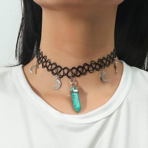 Fashion Black Elastic Telescopic Chain Chokers Necklaces For Women Girls Metal Moon Natural Stone Pendant Necklace Jewelry Gifts