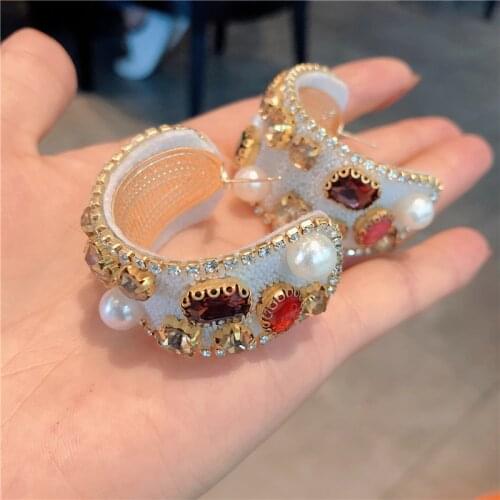 Fashion Baroque Style Earrings With Colorful Stones Personality Big Statement Pearl Paved C Shaped Earings Jewelry Wholesale