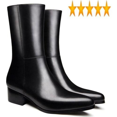 Autumn Genuine Leather 2021 Fleece Warm Mid-Calf Luxury Men Dress Boots Pointed Toe Black Winter Shoes Botas Hombre