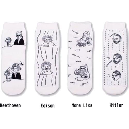 New European Fashion Women Socks Funny Graphic Long Socks Novelty Mona Lisa Beethoven Sock Harajuku White Art Socks Cotton
