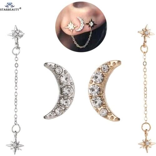 Starbeauty 2pcs/lot Cute CZ Gem Moon Star Earring Stud Ear Piercing Jewelry Women Helix Piercing Tragus Hoop Tassel Earrings Set