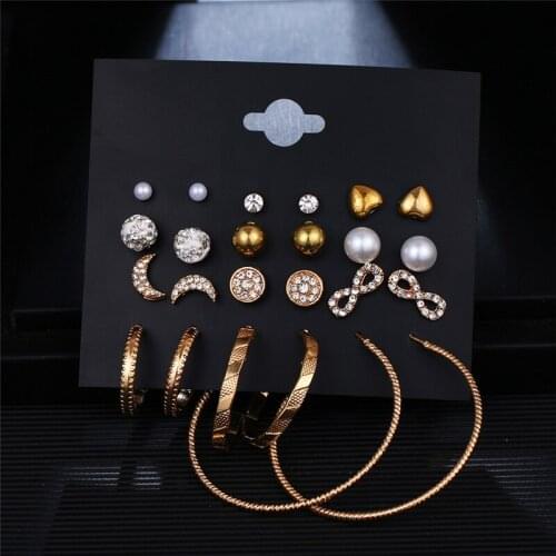 12 pcs/set Hoop Earring For Women Big Round Ring Moon Star Pearl Crystal Bowknot Geometric Metal Earring Set Friend Jewelry GifT