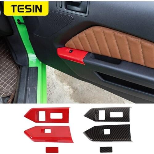 TESIN ABS Car Interior Door Armrest Window Lift Switch Button Decoration Cover Stickers Accessories For Ford Mustang 2010-2014