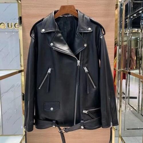 2021 Fashion New Females Clothes Genuine Leather Jacket Women Coat Spring Wide Version Locomotive Model Style Real Sheepskin