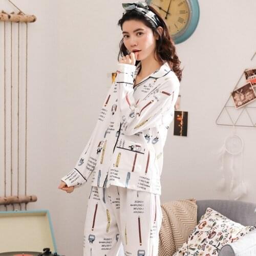 Women spring and autumn 2019 new cartoon pajamas women cotton long sleeve cardigan two piece Korean large size women pajama sets