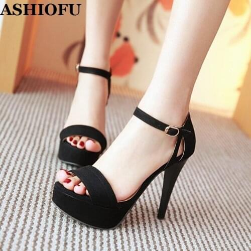 ASHIOFU Real Pictures Wholesale Womens High Heeled Sandals Black Faux-leather Party Prom Summer Shoes Platform Sexy Sandals