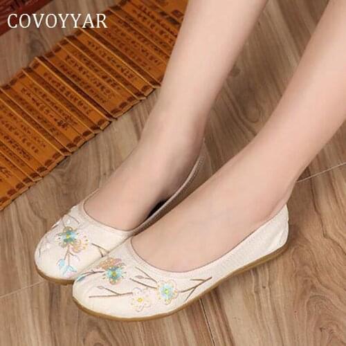 COVOYYAR 2019 Canvas Ballet Flat Women Shoes Embroidered Vintage Woman Loafers Slip on Spring Summer Shoes WFS845