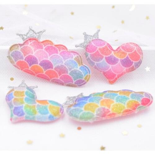 Shining Powders Fish Scale Rainbow Fabric Pads Patches Silver Crown Stick on Heart/Cloud Appliques for Clothes Hair Ornament F87