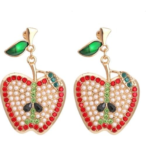 Pastoral Style Colored Diamond Apple Earrings Female Fashion Retro Creative Fruit Inlaid Pearl Earrings Wedding Party Jewelry