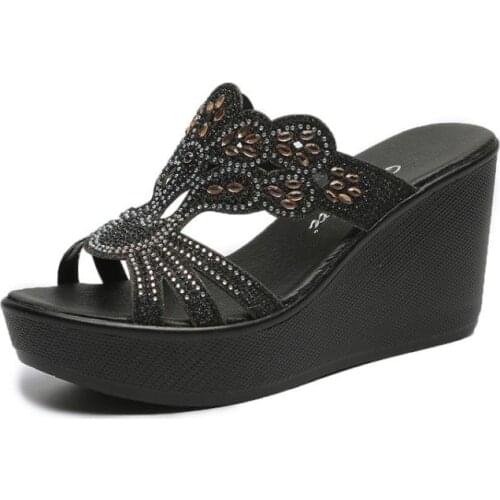 Dropshipping 2021 Sandals Platform Wedges High Heels Slippers Creepers Rhinestone Women Slides Flip Flops Peep Toe Gothic