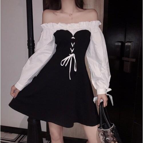 Plus Size Dress Women Patchwork Splicing Lace-up Long Sleeve Elegant Dress Sexy Slash Neck Puff Sleeve A-Line Summer Dress