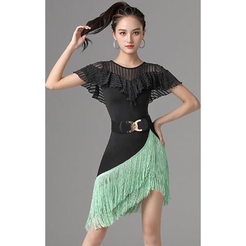 Summer Tassel Latin Dance Competition Dress Female Mesh Stripes Ruffle Tango Rumba Performance Stage Costume Practice Wear 3803