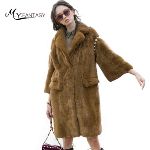 LVCHI Winter 2019 Swan Velvet Real Mink Fur Coat Solid Milk Womens Natural Fur Turn-Down Collar Three Quarte Medium Mink Coats