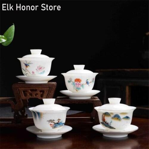 130ml Ru Kiln Hand Painted Blue And White Porcelain Gaiwan Tea Tureen Chinese Ceramic Tea Bowl Set CoverBowl With Lid Cup Saucer