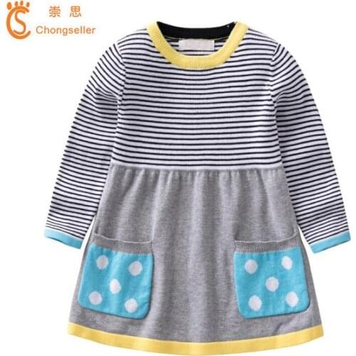 2018 High Quality Spring Autumn Cotton Kintted Dresses For Girls Long Sleeve Stripe Sweater Baby Girls Clothing