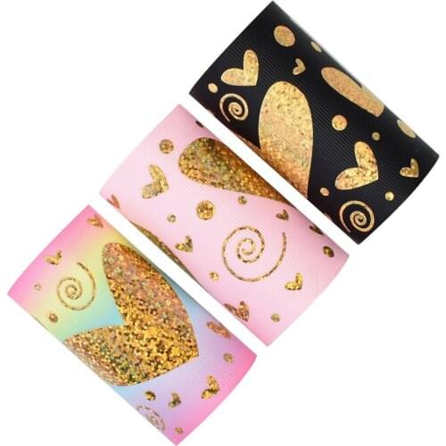 50yards 75mm Hologram Gold foil Hearts heart Grosgrain Ribbon Valentine design For DIY Accessories Welcome Custom printed
