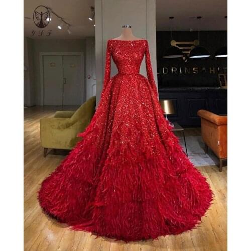 Arabian Design Boat Neck Red Long Sleeve Bling Bling Lace Pleated Ball Gown Feather Evening Dresses