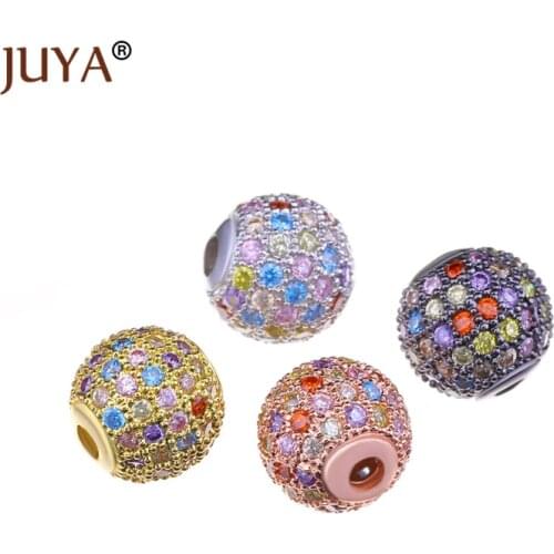 Juya Beads For Jewelry Making NEW Design 10mm Round Ball Beads Copper Metal Micro Pave Multicolor Zircon Beads DIY Bracelets