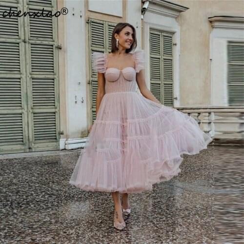 Chenxiao Real Off The Shoulder Prom Dresses Ruffles Short Sleeve Tired Tulle Pleat Illusion Fashion Vestido De Fiesta
