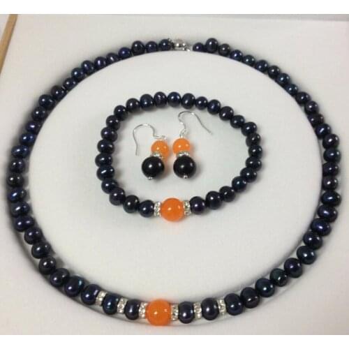 Black Akoya Cultured Pearl/Orange Jade bracelets necklace earrings set No box