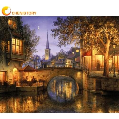 CHENISTORY Frame Picture DIY Painting By Numbers Bridge Night Acrylic Handpainted Picure By Numbers Coloring Wall Art Diy Gift