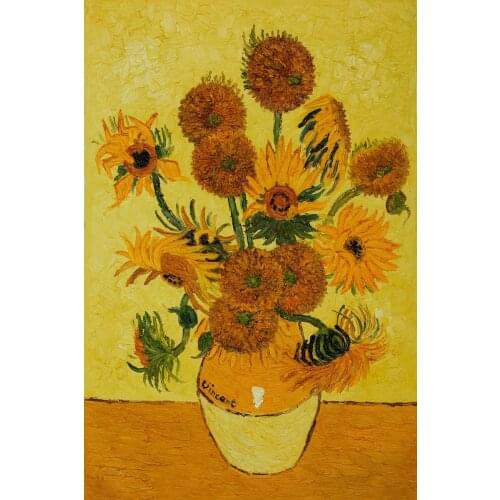 Hand Painted Vincent Van Gogh Flower Oil Painting Reproduction for Kitchen Vase with Fifteen Sunflowers Painting Impressionist