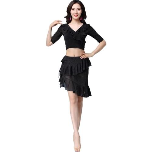 2018 New Women Belly Dance Clothing Costume Girls Practice Elastic Net Outfits Bellydance Sleeved Top and Skirt Lovely