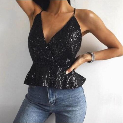 2021 summer Sleeveless Tank Top Sexy Female V-Neck Sequined Camisole Club Girls Spaghetti Bandage Cross Camis Thin Shiny Glitter