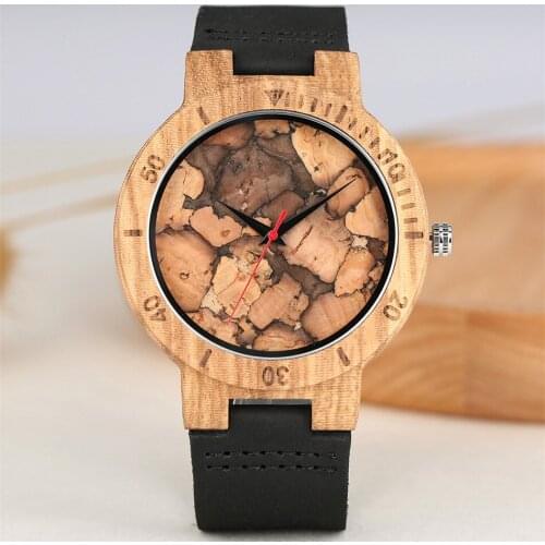 Red Seconds Crack Cork Wood Men Watches Quartz Movement Black Genuine Leather Wristband Natural Stylish Wooden Male Timepiece