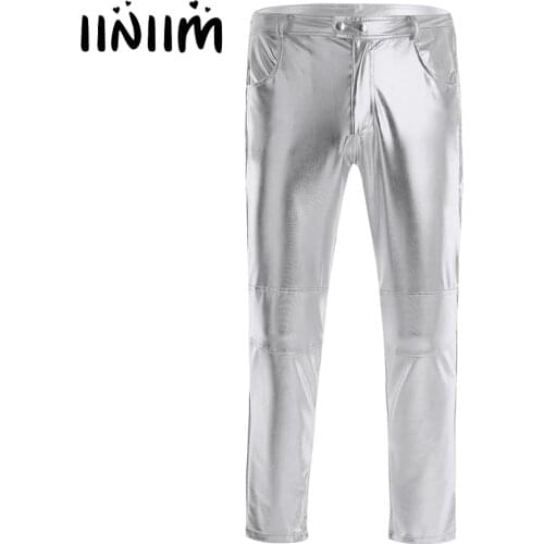 Iiniim Mens Skinny Moto Biker Tight Pants Bottom Zipper Open for Halloween Costume Night Clubwear Legging Long Trousers