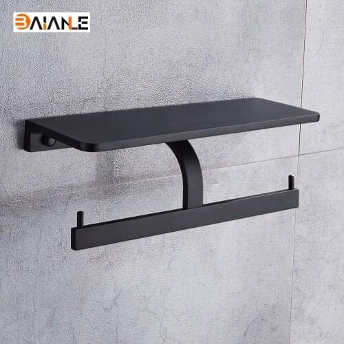 Free Shipping Space Aluminum Black Toilet Paper Holder Phone Shelf Storage Rack Wall Mounted Bathroom Dual Roll Paper Holder