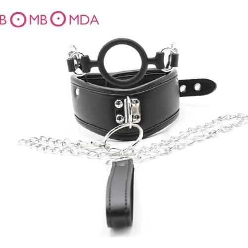Collar Leather Bondage Collar Mouth Gag With Chain Fetish Slave Neck Cuffs Restraints Sex Products For Couples