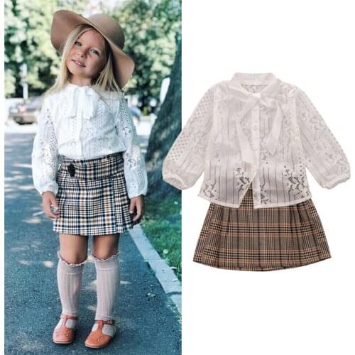 1-6Y Girl Clothes Spring Summer Kids Baby Girls Cotton Lace Tops T-shirt+Plaid Short Skirts Dress Outfit Clothes Set