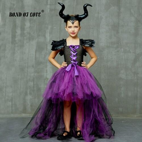 Maleficent Evil Queen Girls Tutu Dress and Horns Halloween Cosplay Witch Costume for Kids Party Dress Children christmas clothes