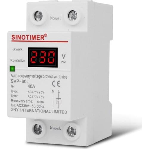 230V AC 40A Din Rail Adjustable Automatic Recovery Over Under Voltage Relay Protective Device Overvoltage Protector