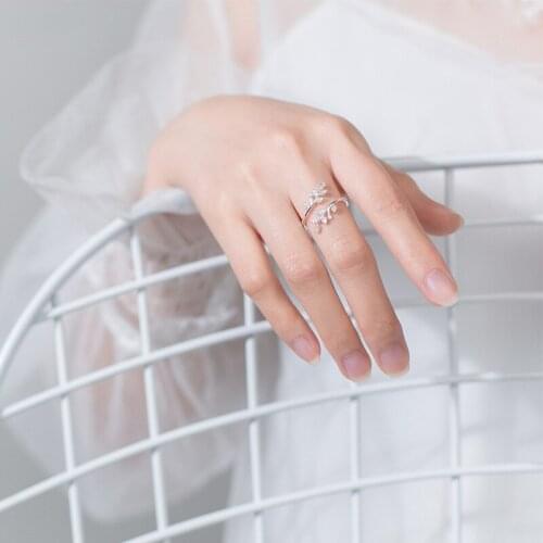 S925 Silver Ring Korean version small fresh and versatile temperament with diamond leaf open ring art olive branch ring