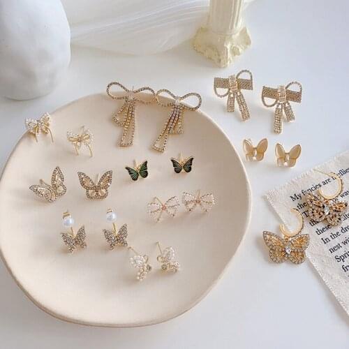 Full Diamond Butterfly Bow Stud Earrings New Style Long Tassel Earrings Dangle Drop Earrings Reiki Jewelry For Women Girls