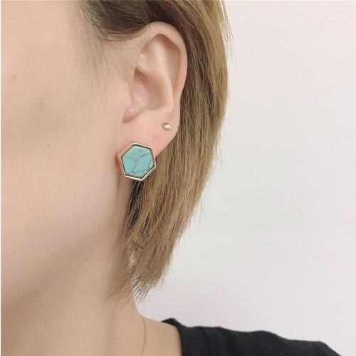 Classic Gold Color Plating Hexagon Colorful Marble Stone Inside Stud Earrings For Women Casual Office Lady Decoration Jewelry