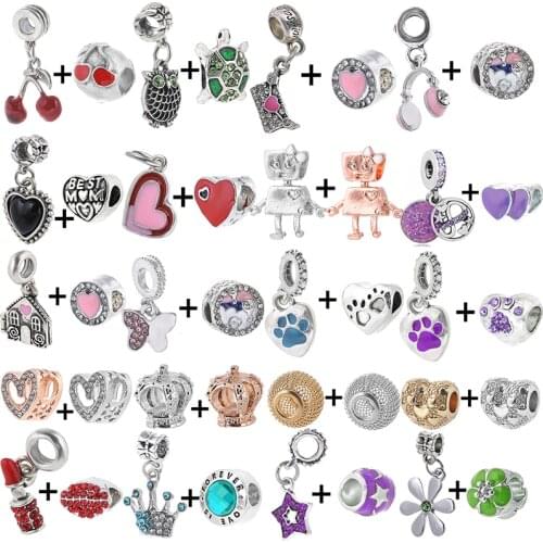 2Pcs/Lot 45 Styles Enamel Cherry Heart Star Flower Charm Beads Pendant Fit Original Brand Bracelets For Women Men Jewelry Making