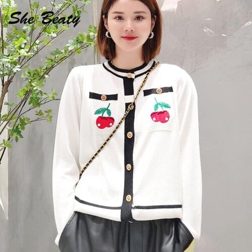 She Beaty Cherry Pattern Sweater Cardigans Women O-Neck Long Sleeve High Street Korean Fashion Single Breasted Traf Tops Clothes