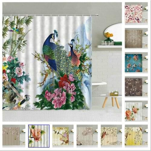 Chinese Style Flower Bird Shower Curtain Waterproof Fabric Beautiful Spring Landscape With Hooks Decoration Bathroom Curtains