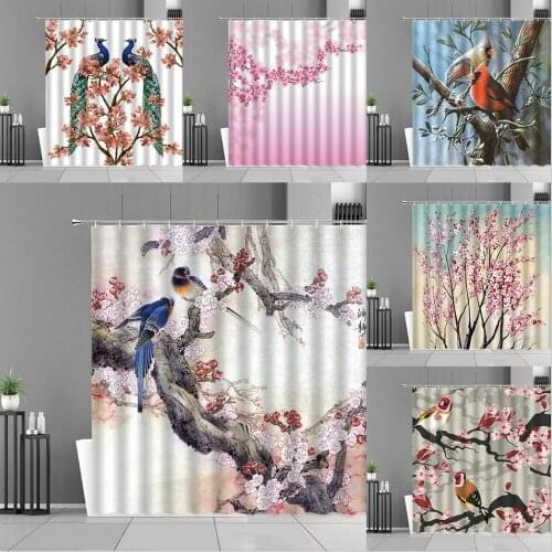 Chinese Style Flower And Bird Shower Curtain 3D Watercolor Animal Landscape Bathroom Curtains Hooks Home Decoration Background