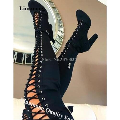 Linamong Women Round Toe Black Suede Over Knee Chunky Heel Gladiator Boots Lace-up Cut-out Long Thick High Heel Boots Dress Heel